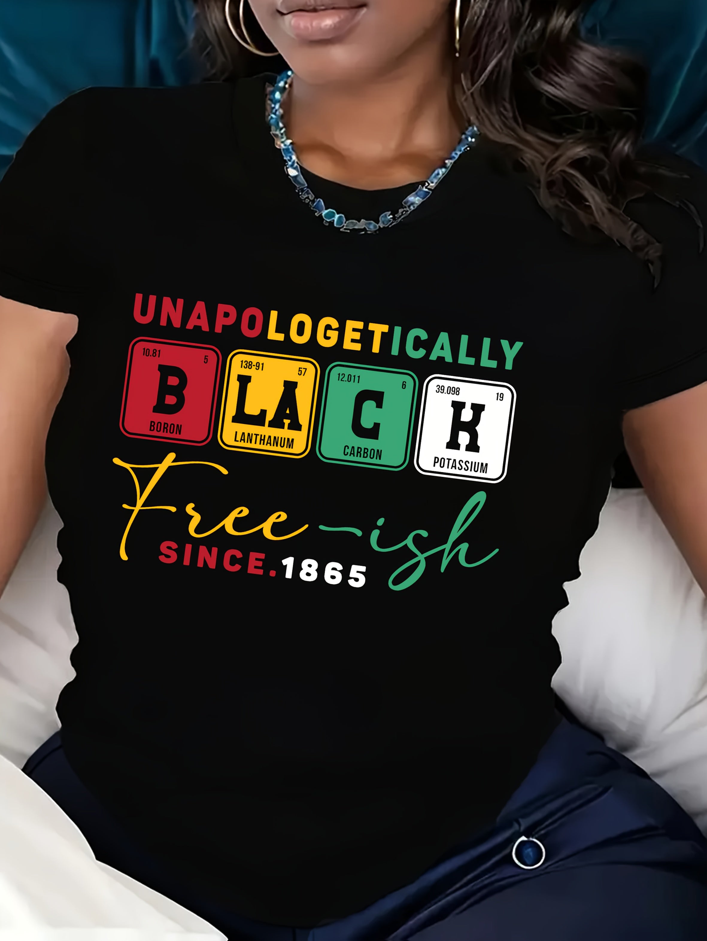 Unapologetically Black Free-ish Since 1865 Graphic Print Women's T-Shirt, Casual Short Sleeve Crew Neck Top for Spring & Summer, Lightweight Polyester, Vibrant Periodic Table Design, Machine Washable